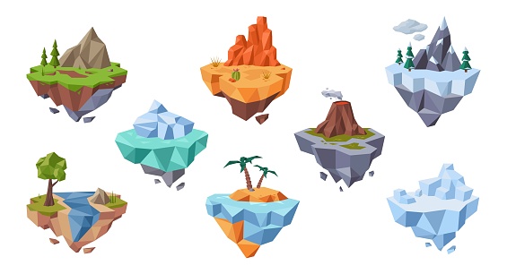 Low poly flying island. Floating landforms with various natural environments. Video game worlds isolated vector illustration set. Palm trees, volcano, desert, river and mountains miniatures