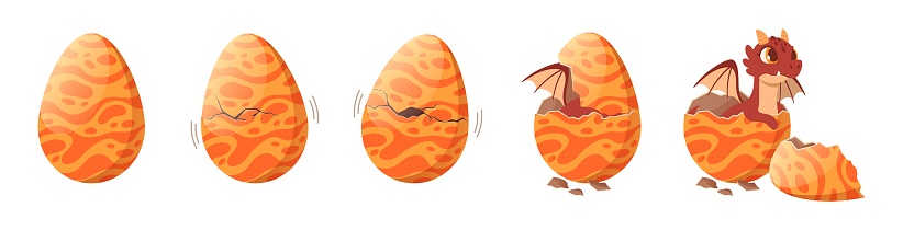 Dragon hatching from egg. Mythical fire dragon egg through incubation to birth, cartoon hatching process animation frames vector illustration set. Glossy orange cracked egg with cute reptile