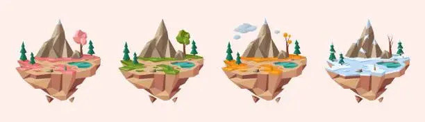 Vector illustration of Low poly four seasons islands. Floating isometric landscape, miniature ecosystem spring, summer, autumn and winter vector illustration set