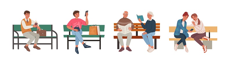 Cartoon people on bench. Leisure activities on park benches, urban lifestyle isolated vector illustration set. Elderly people having rest outside, office worker drinking coffee, friends communicating