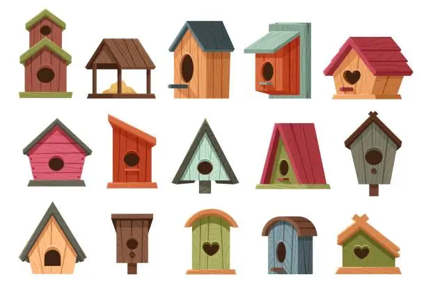 Vector illustration of Cartoon wooden bird houses. Rustic avian homes with various designs, classic birdhouses and birds feeders vector illustration set