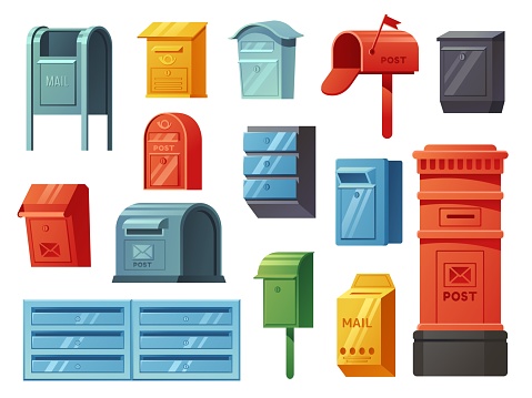 Cartoon postal mailboxes. Traditional curbside mailbox, wall mounted, European pillar, apartment mail slots and public street letterboxes isolated vector illustration set. Deliver letters
