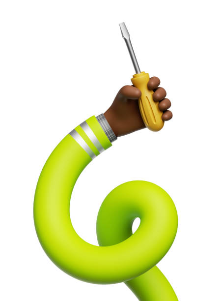 istock 3d render. Funny cartoon flexible arm holds screwdriver building tool. Elastic dark skin hand isolated on white background 2078309909