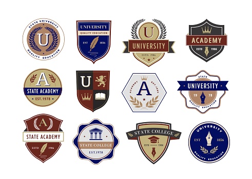 Education emblem. Academic institution badges for university, academy, and college crests with classic designs vector set. Studying at school, learning or getting knowledge isolated logo
