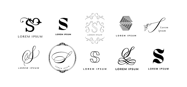Creative S emblem. Letter s monogram for smart branding icon with slogan template. Business name initial vector icon set. Decorative art logotypes for company emblem isolated collection