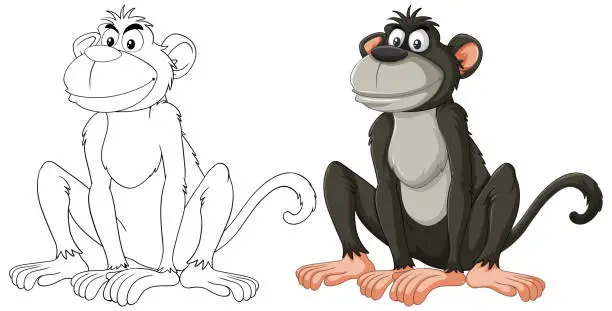 Vector illustration of Two cartoon monkeys, one colored, one line art.