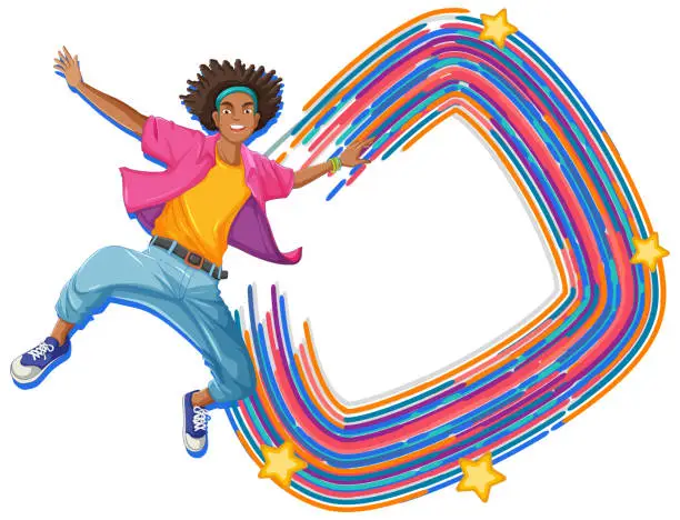 Vector illustration of Happy person jumping with colorful abstract background