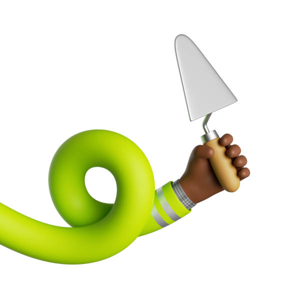 istock 3d render. Funny cartoon flexible arm holds trowel building tool. Elastic hand isolated on white background 2078311017