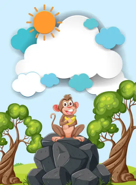 Vector illustration of A happy monkey sitting on rocks under the sun.