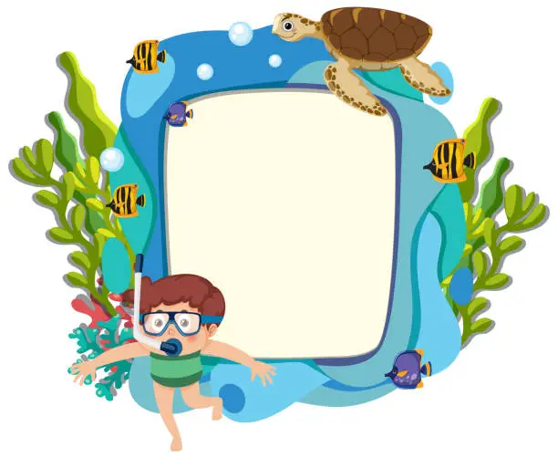 Vector illustration of Cartoon child swimming with sea creatures and plants.