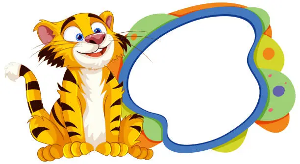 Vector illustration of Animated tiger sitting beside a blank art palette