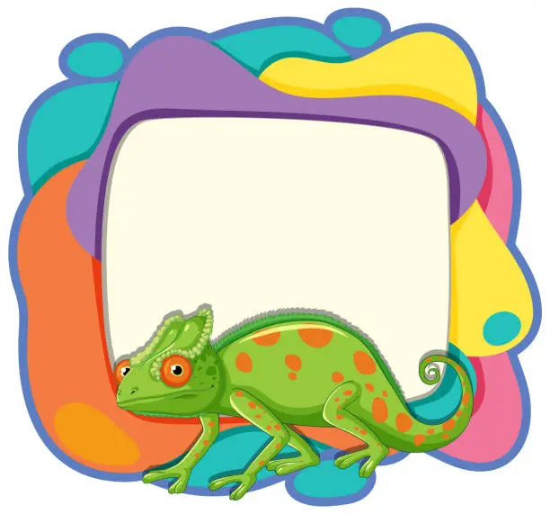 Vector illustration of Vibrant chameleon beside a whimsical, colorful frame.