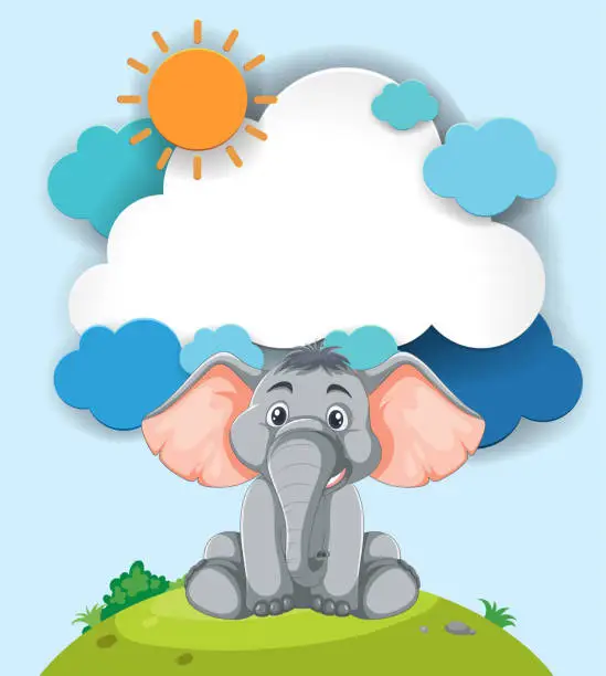 Vector illustration of Cute elephant sitting on grass with sun and clouds