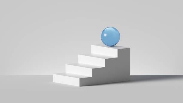 istock 3d render, abstract minimalist background. Blue glass ball placed on white steps, isolated stairs. Career metaphor. Pedestal, podium. Architectural element. Product showcase, shop display 2078311614