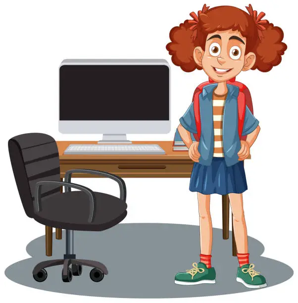 Vector illustration of Cheerful girl standing by her computer desk