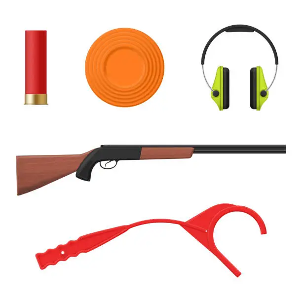 Vector illustration of Clay shooting skeet sport equipment shotgun headphones bullet set realistic vector illustration