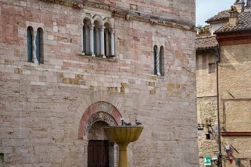 Bevagna, Italy - July 26, 2023: Historic buildings of Bevagna, Perugia province, Umbria, Italy: the Silvestri square