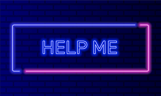 Neon sign help me in speech bubble frame on brick wall background vector. Light banner on the wall background. Help me button rescue needed, design template, night neon signboard.