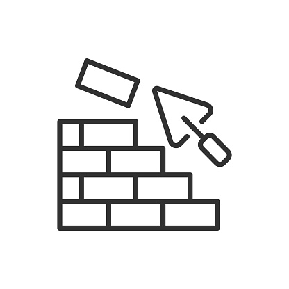 Building with bricks, linear icon. Trowel and bricks. Line with editable stroke