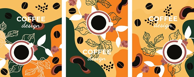 Set of color posters coffee design template banner poster card print packaging design Vector drawing coffee tree grains cup of coffee Vector file design elements.