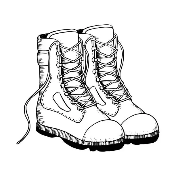Vector illustration of Tactical army boots hand drawn black and white vector illustration for military, combat or camping and hiking designs. Brutal footwear and infantry shoes
