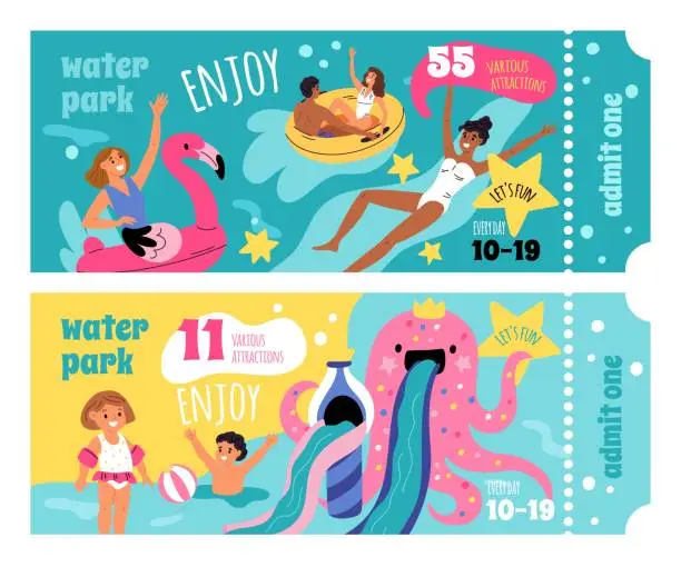 Vector illustration of Water park tickets. Beach and pool party. Colored aqua slides. Fids and adults with inflatable rings. Waterpark attractions pass. Paper coupons. People ride waterslides. Garish vector set