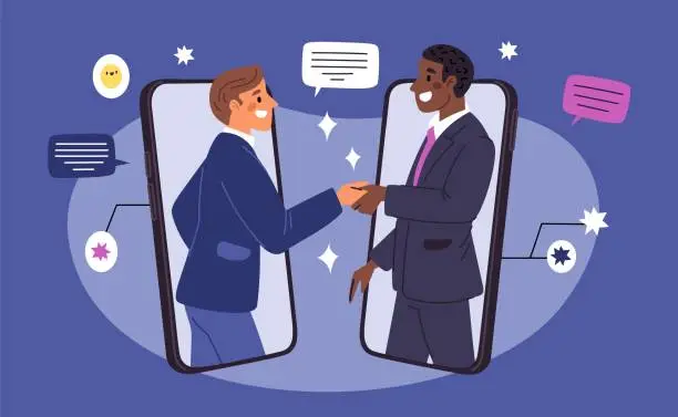 Vector illustration of Remote business meeting. Phone greeting handshake. Businessmen shake hands via smartphone screens. Successful transaction. Online negotiation. Digital communication. Garish vector concept