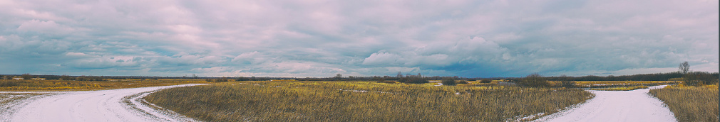 Panorama Dry, freezing grass in late autumn or early winter on a large meadow under a cloudy sky. Soft focus