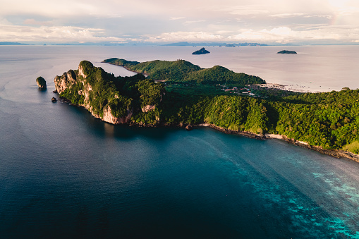 Koh Phi Phi Don Thailand, Drone aerial view of Koh Phi Phi Thailand on a beautiful summer day at sunset