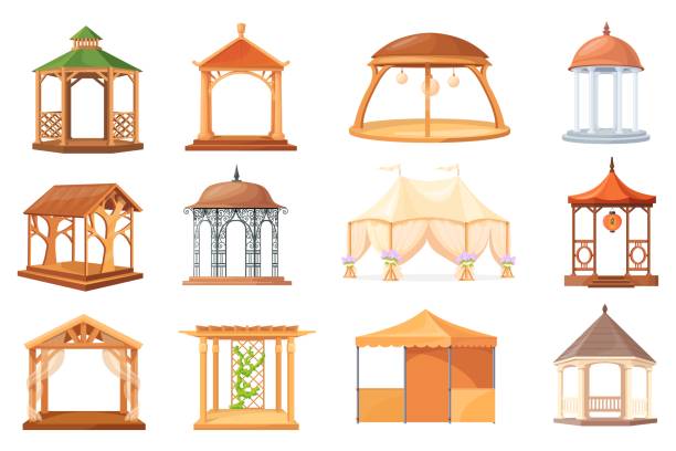 Gazebo. Cartoon pergola for summer house, outdoor stand alcove canopy beach pavilion or garden tent shelter, bower patio marque park wedding event arbor, neat vector illustration Gazebo. Cartoon pergola for summer house, outdoor stand alcove canopy beach pavilion or garden tent shelter, bower patio marque park wedding event arbor, vector illustration of outdoor pergola set country wedding arches stock illustrations