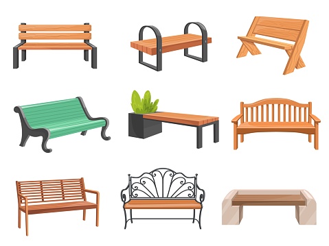 Cartoon wooden benches. Wood bench set, street relaxation place garden couch modern seats city outside park urban outdoor furniture public seat, isolated neat vector illustration