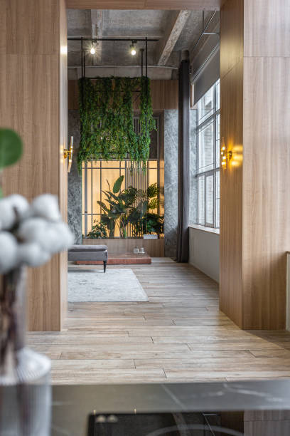 istock huge modern spacious apartment with high ceilings, panoramic windows with fantastic view, wooden decor, kitchen area, separate shower in greenery and dressing room 2078335956