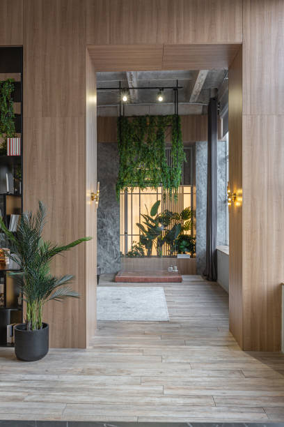 istock huge modern spacious apartment with high ceilings, panoramic windows with fantastic view, wooden decor, kitchen area, separate shower in greenery and dressing room 2078335975