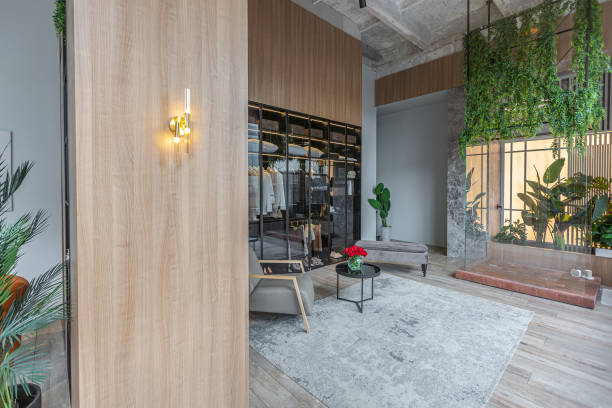istock huge modern spacious apartment with high ceilings, panoramic windows with fantastic view, wooden decor, kitchen area, separate shower in greenery and dressing room 2078336575