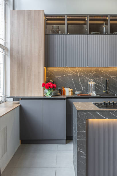 istock huge modern spacious apartment with high ceilings, panoramic windows with fantastic view, wooden decor, kitchen area, separate shower in greenery and dressing room 2078337112