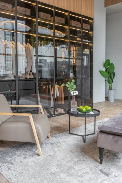 istock huge modern spacious apartment with high ceilings, panoramic windows with fantastic view, wooden decor, kitchen area, separate shower in greenery and dressing room 2078337153