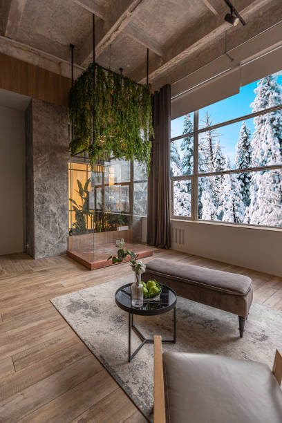 istock huge modern spacious apartment with high ceilings, panoramic windows with fantastic view, wooden decor, kitchen area, separate shower in greenery and dressing room 2078337749