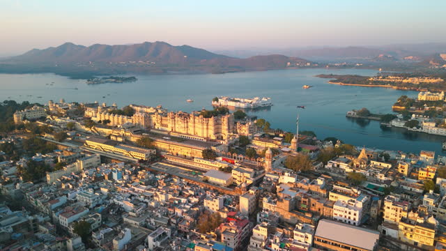 Aerial view of Udaipur Palace  and Pichola lake at sunrise