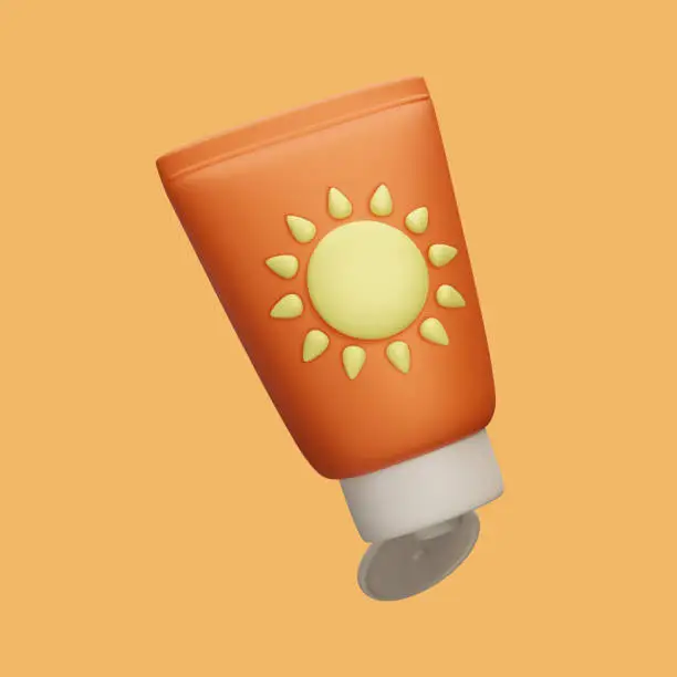 Vector illustration of 3D cartoon style colorful sunscreen lotion bottle isolated. SPF sunblock cosmetic product. UV lights sun safety summer skincare cream moisturizer 3D vector render. Advertising showcase mockup.