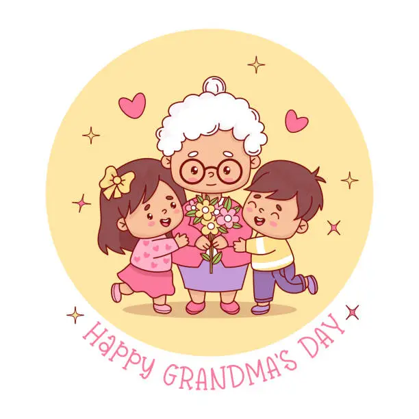 Vector illustration of Happy grandma's day card. Cute holiday elderly woman with grandchildren and bouquet flowers. Vector illustration cartoon flat style