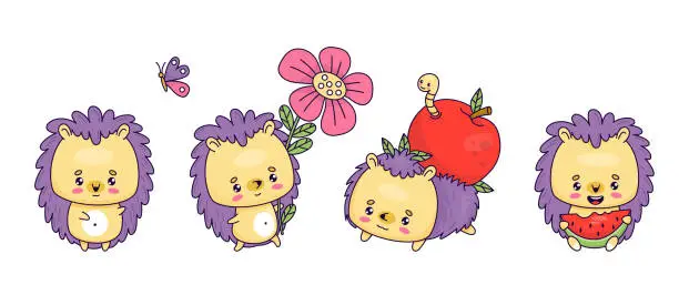 Vector illustration of Cute cartoon hedgehog set. Funny animal with flower and piece watermelon, with apple and butterfly. Vector isolated kawaii characters. Kids collection.