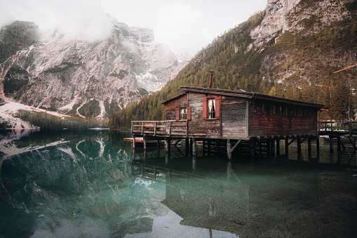 A foggy morning at Lago di Braies with a perfect reflection.