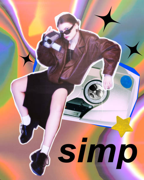Stylized model with vintage camera, leather jacket and retro background with colorful gradients. Contemporary art collage.