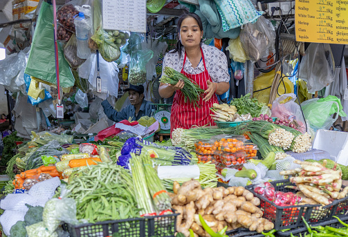 Phnomh Penh, Cambodia on Feb 24, 2024: this vegetable stall is located at the central market. The Central Market (Khmer: ផ្សារធំថ្មី, Phsar Thum Thmei; meaning 