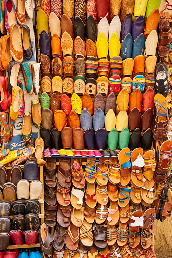 Large group of leather Moroccan slippers babouche in Fez, Morocco, North Africa.