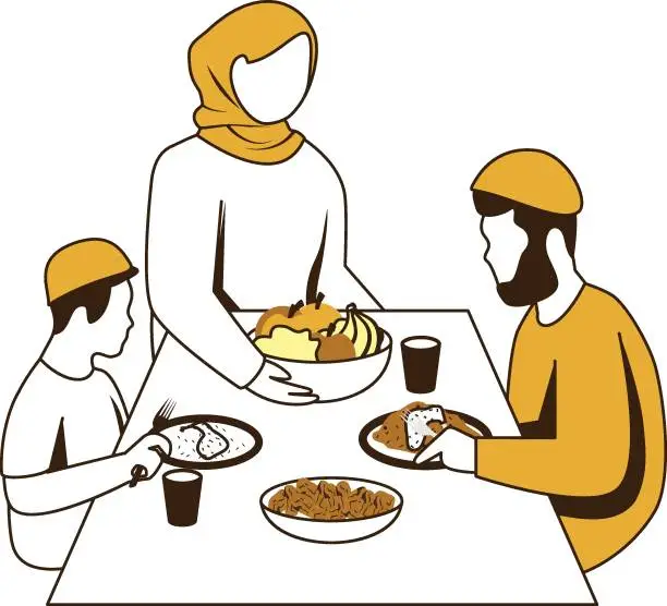 Vector illustration of Arranging the table with care before iftari concept, Family taking evening meal and break the fast vector design, Ramazan and Eid al-Fitr Symbol Islamic and fasting Sign, Arabic holiday celebration