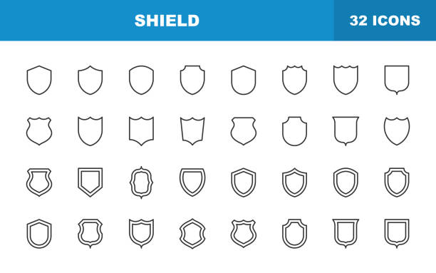 ilustrações de stock, clip art, desenhos animados e ícones de shield line icons. editable stroke. contains such icons as badge, defending, firewall, insignia, privacy, safety, security, logo, military, ornate, armour, emblem, protection, security, guard. - escudo-armamento