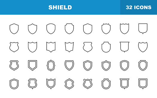 Shield Line Icons. Editable Stroke. Contains such icons as Badge, Defending, Firewall, Insignia, Privacy, Safety, Security, Logo, Military, Ornate, Armour, Emblem, Protection, Security, Guard.