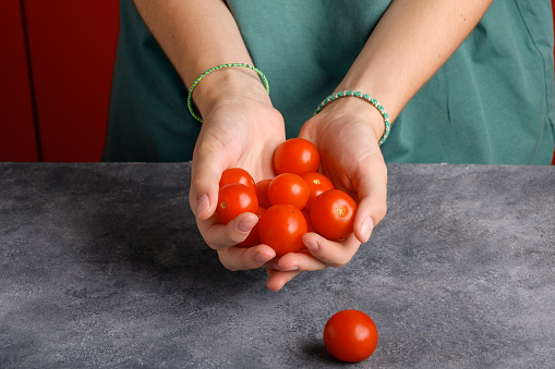 Woman holding ripe tomatoes cherry in her hands at gray table background, closeup. Handful of fresh red little tomatoes in female hands. Healthy snack and healthy eating, vegan and vegetarian food