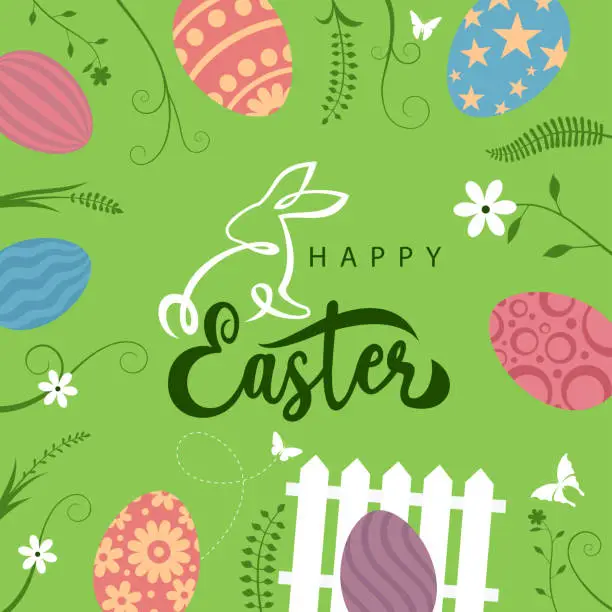 Vector illustration of Happy Easter banner, poster, greeting card. Easter Bunny and Eggs Flyer. Easter Logo.